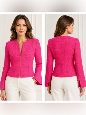 Elie Tahari Hot Pink Tweed Zip-Front Fitted Blazer 36